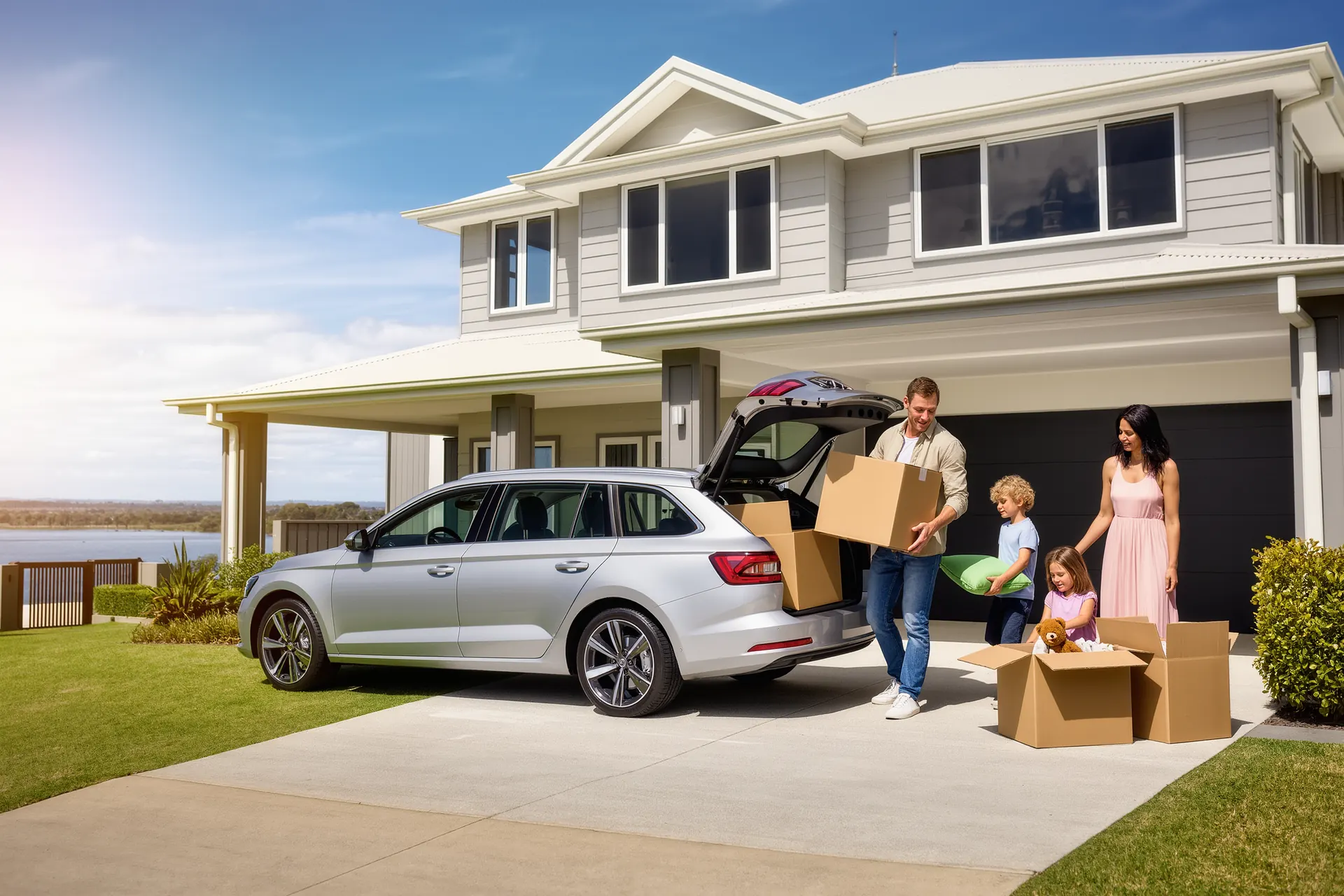 Family outside a newly built home in a Point Cook style neighbourhood