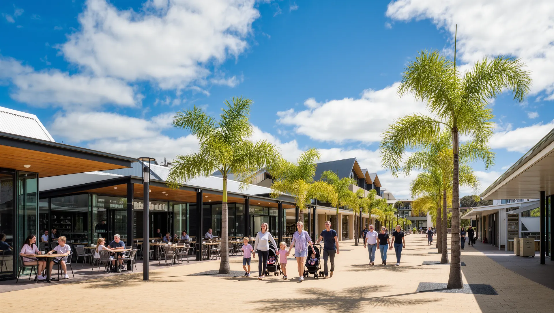Artist's impression of a local town centre with shops and public realm